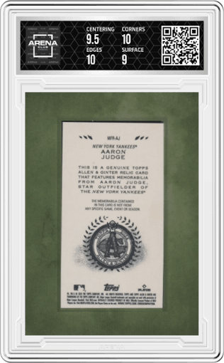 Aaron Judge  from the 2024 Topps Allen & Ginter set graded by Arena Club and given an overall grade of 9.5.