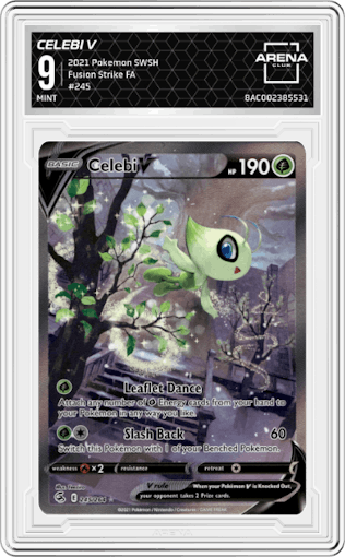 Celebi V from the 2021 Pokemon SWSH set graded by Arena Club and given an overall grade of 9.