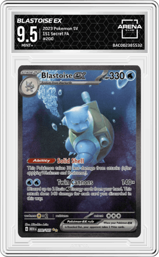 Blastoise ex from the 2023 Pokemon SV set graded by Arena Club and given an overall grade of 9.5.
