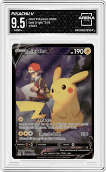Pikachu V from the 2022 Pokemon SWSH set graded by Arena Club and given an overall grade of 9.5.