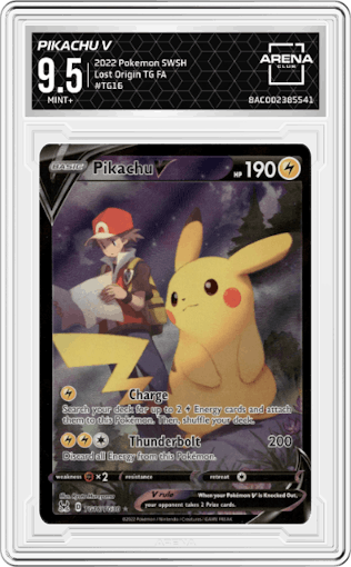 Pikachu V from the 2022 Pokemon SWSH set graded by Arena Club and given an overall grade of 9.5.
