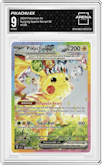 Pikachu ex from the 2024 Pokemon SV set graded by Arena Club and given an overall grade of 9.