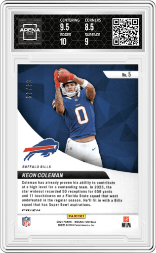 Keon Coleman from the 2024 Panini Mosaic set featuring a Reactive Yellow parallel graded by Arena Club and given an overall grade of 9.