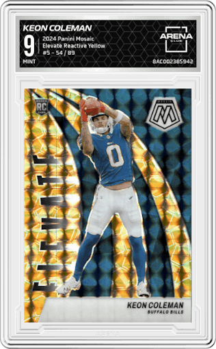 Keon Coleman from the 2024 Panini Mosaic set featuring a Reactive Yellow parallel graded by Arena Club and given an overall grade of 9.