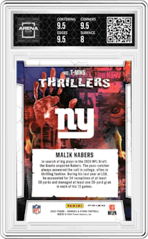 Malik Nabers from the 2024 Panini Rookies & Stars set featuring a Red Plaid parallel graded by Arena Club and given an overall grade of 8.5.