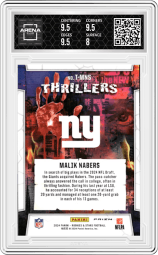 Malik Nabers from the 2024 Panini Rookies & Stars set featuring a Red Plaid parallel graded by Arena Club and given an overall grade of 8.5.