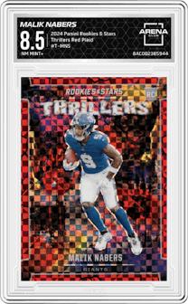 Malik Nabers from the 2024 Panini Rookies & Stars set featuring a Red Plaid parallel graded by Arena Club and given an overall grade of 8.5.