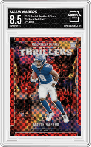 Malik Nabers from the 2024 Panini Rookies & Stars set featuring a Red Plaid parallel graded by Arena Club and given an overall grade of 8.5.