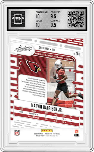 Marvin Harrison Jr. from the 2024 Panini Absolute set featuring a Orange Mosaic parallel graded by Arena Club and given an overall grade of 10.