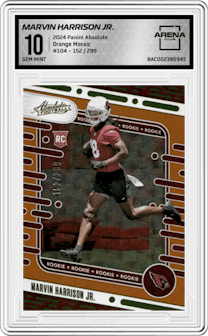 Marvin Harrison Jr. from the 2024 Panini Absolute set featuring a Orange Mosaic parallel graded by Arena Club and given an overall grade of 10.