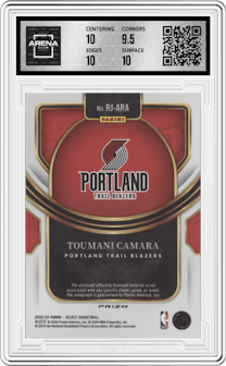 Toumani Camara from the 2023-24 Panini Select  set featuring a Red Wave Prizm parallel graded by Arena Club and given an overall grade of 10.