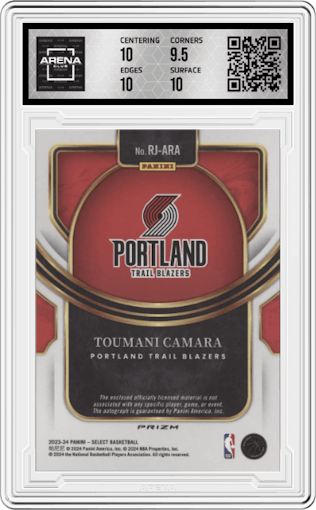 Toumani Camara from the 2023-24 Panini Select  set featuring a Red Wave Prizm parallel graded by Arena Club and given an overall grade of 10.