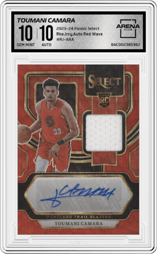 Toumani Camara from the 2023-24 Panini Select  set featuring a Red Wave Prizm parallel graded by Arena Club and given an overall grade of 10.