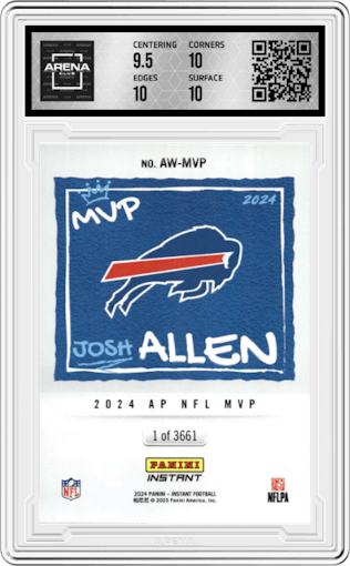 Josh Allen from the 2024 Panini Instant NFL Weekly Pass set graded by Arena Club and given an overall grade of 10.
