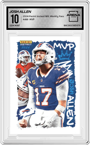 Josh Allen from the 2024 Panini Instant NFL Weekly Pass set graded by Arena Club and given an overall grade of 10.