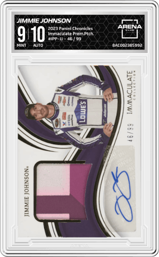 Jimmie Johnson  from the 2023 Panini Chronicles set graded by Arena Club and given an overall grade of 9.