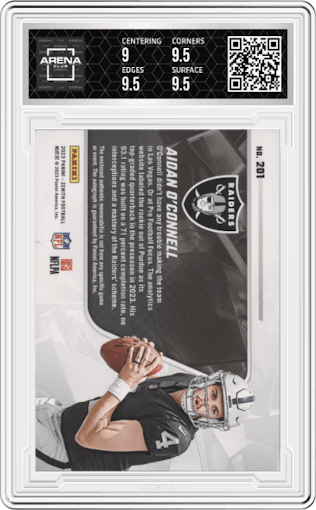 Aidan O'Connell from the 2023 Panini Zenith set featuring a Sparkle parallel graded by Arena Club and given an overall grade of 9.5.