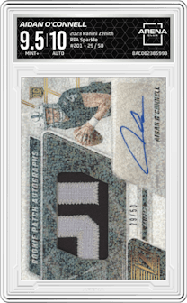 Aidan O'Connell from the 2023 Panini Zenith set featuring a Sparkle parallel graded by Arena Club and given an overall grade of 9.5.