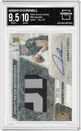 Aidan O'Connell from the 2023 Panini Zenith set featuring a Sparkle parallel graded by Arena Club and given an overall grade of 9.5.