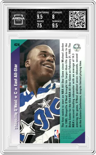 Shaquille O'Neal from the 1993-94 Upper Deck  set graded by Arena Club and given an overall grade of 8.