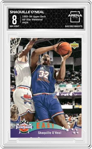 Shaquille O'Neal from the 1993-94 Upper Deck  set graded by Arena Club and given an overall grade of 8.