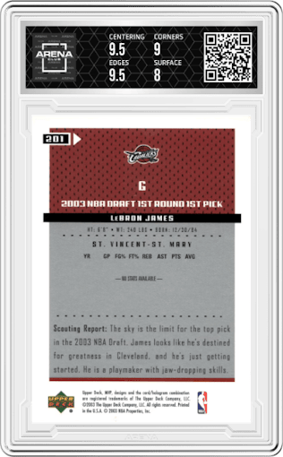 LeBron James from the 2003-04 Upper Deck MVP set graded by Arena Club and given an overall grade of 8.5.