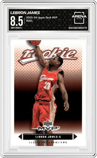 LeBron James from the 2003-04 Upper Deck MVP set graded by Arena Club and given an overall grade of 8.5.