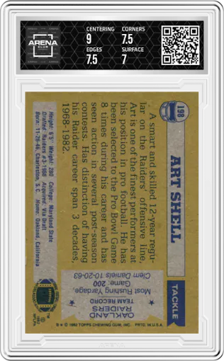 Art Shell from the 1982 Topps set graded by Arena Club and given an overall grade of 7.5.