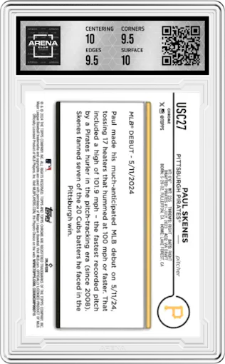 Paul Skenes from the 2024 Topps Chrome Update set featuring a RayWave Refractor parallel graded by Arena Club and given an overall grade of 10.