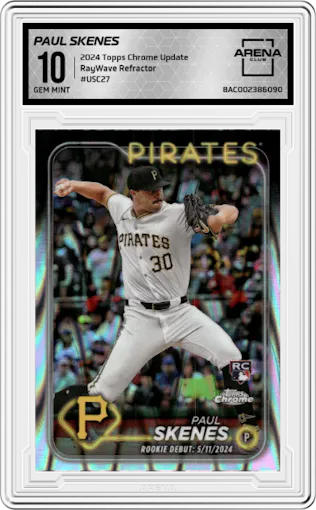 Paul Skenes from the 2024 Topps Chrome Update set featuring a RayWave Refractor parallel graded by Arena Club and given an overall grade of 10.