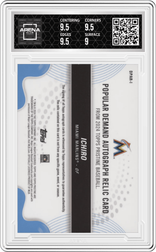 Ichiro from the 2024 Topps Pristine set graded by Arena Club and given an overall grade of 9.5.