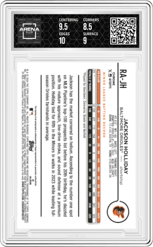 Jackson Holliday from the 2024 Topps Chrome Update set featuring a Lava Lamp Aqua / Blue Refractors parallel graded by Arena Club and given an overall grade of 9.