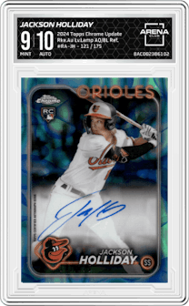 Jackson Holliday from the 2024 Topps Chrome Update set featuring a Lava Lamp Aqua / Blue Refractors parallel graded by Arena Club and given an overall grade of 9.