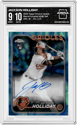 Jackson Holliday from the 2024 Topps Chrome Update set featuring a Lava Lamp Aqua / Blue Refractors parallel graded by Arena Club and given an overall grade of 9.