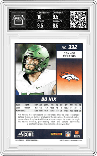 Bo Nix from the 2024 Panini Score set graded by Arena Club and given an overall grade of 9.