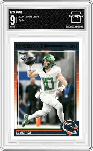 Bo Nix from the 2024 Panini Score set graded by Arena Club and given an overall grade of 9.