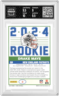 Drake Maye from the 2024 Panini Score set graded by Arena Club and given an overall grade of 9.5.