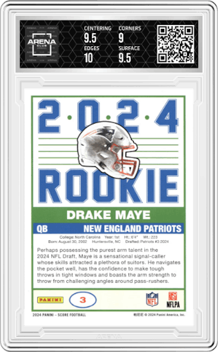 Drake Maye from the 2024 Panini Score set graded by Arena Club and given an overall grade of 9.5.