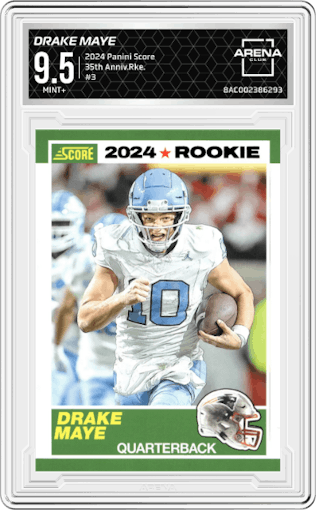 Drake Maye from the 2024 Panini Score set graded by Arena Club and given an overall grade of 9.5.