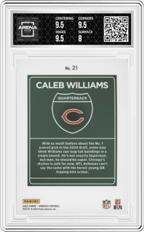Caleb Williams from the 2024 Donruss set graded by Arena Club and given an overall grade of 8.5.