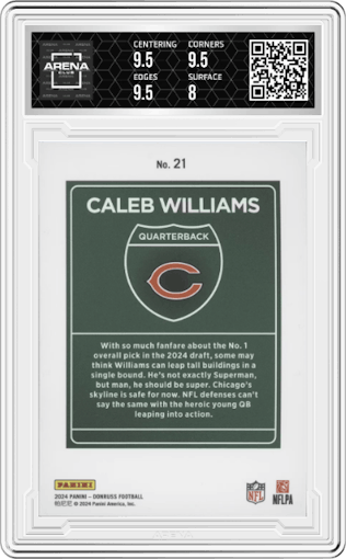 Caleb Williams from the 2024 Donruss set graded by Arena Club and given an overall grade of 8.5.