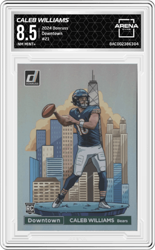 Caleb Williams from the 2024 Donruss set graded by Arena Club and given an overall grade of 8.5.