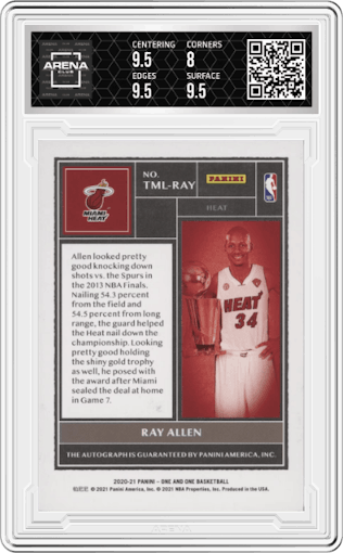 Ray Allen from the 2020-21 Panini One and One set featuring a Blue parallel graded by Arena Club and given an overall grade of 8.5.