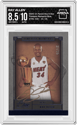 Ray Allen from the 2020-21 Panini One and One set featuring a Blue parallel graded by Arena Club and given an overall grade of 8.5.