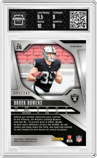 Brock Bowers from the 2024 Panini Prizm set featuring a Red Wave parallel graded by Arena Club and given an overall grade of 9.5.