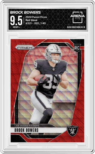 Brock Bowers from the 2024 Panini Prizm set featuring a Red Wave parallel graded by Arena Club and given an overall grade of 9.5.