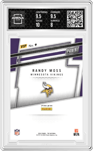 Randy Moss from the 2024 Panini The National VIP set featuring a Tiger Stripes parallel graded by Arena Club and given an overall grade of 8.5.