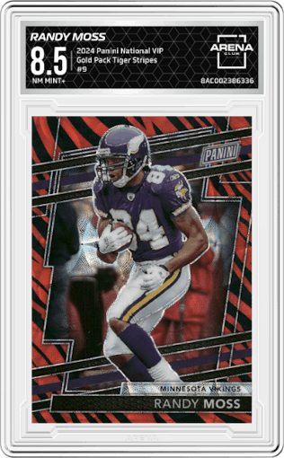 Randy Moss from the 2024 Panini The National VIP set featuring a Tiger Stripes parallel graded by Arena Club and given an overall grade of 8.5.