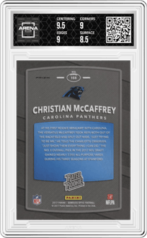 Christian McCaffrey from the 2017 Panini Donruss Optic set featuring a Holo parallel graded by Arena Club and given an overall grade of 9.