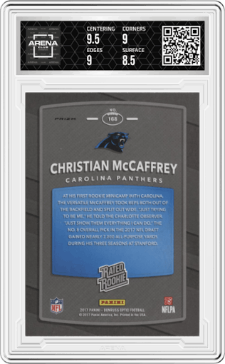 Christian McCaffrey from the 2017 Panini Donruss Optic set featuring a Holo parallel graded by Arena Club and given an overall grade of 9.